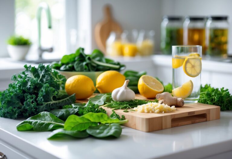 Bancada de cozinha com ingredientes frescos para saúde do fígado e rins, incluindo verduras, frutas cítricas, chá em jarros de vidro e água com limão.