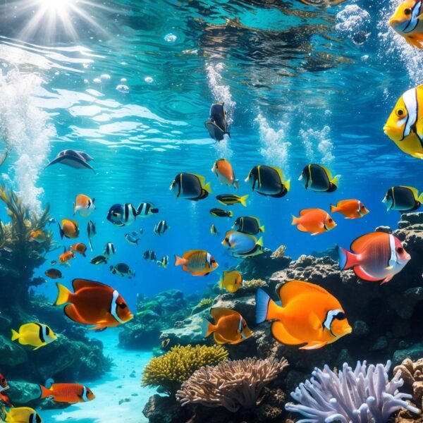 Vários peixes coloridos nadando em um recife de coral subaquático com plantas marinhas e água cristalina.