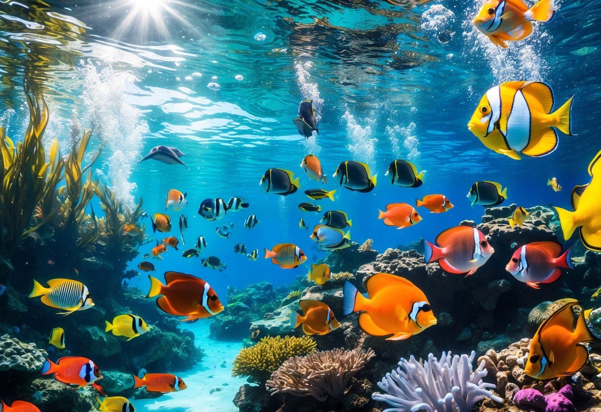 Vários peixes coloridos nadando em um recife de coral subaquático com plantas marinhas e água cristalina.