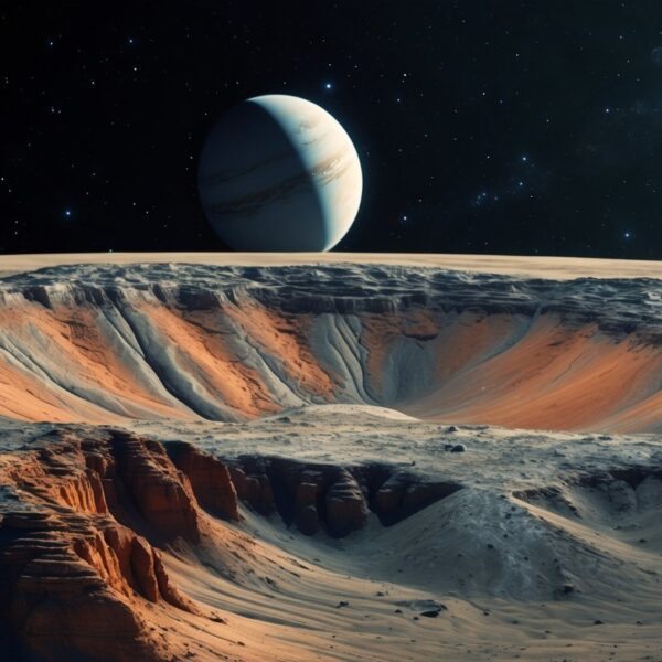 Imagem detalhada da maior lua de Plutão, Caronte, mostrando sua superfície com cânions e crateras, com Plutão ao fundo no espaço estrelado.