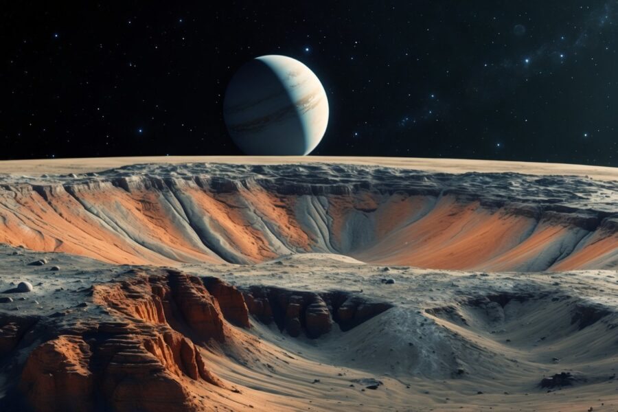 Imagem detalhada da maior lua de Plutão, Caronte, mostrando sua superfície com cânions e crateras, com Plutão ao fundo no espaço estrelado.