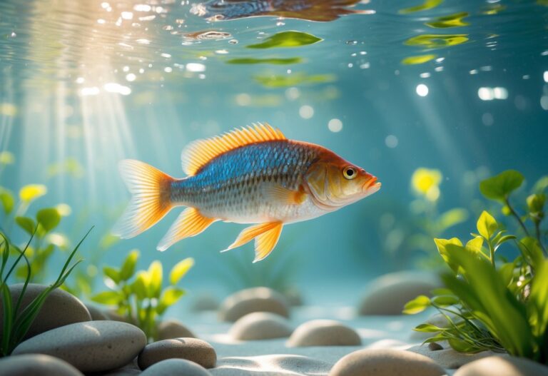 Peixe tilápia nadando em água clara com plantas aquáticas ao redor.