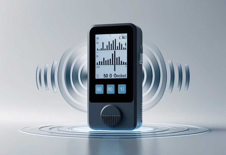Um medidor de nível sonoro moderno exibindo gráficos de ondas sonoras e leituras numéricas em uma tela digital, sobre um fundo neutro.
