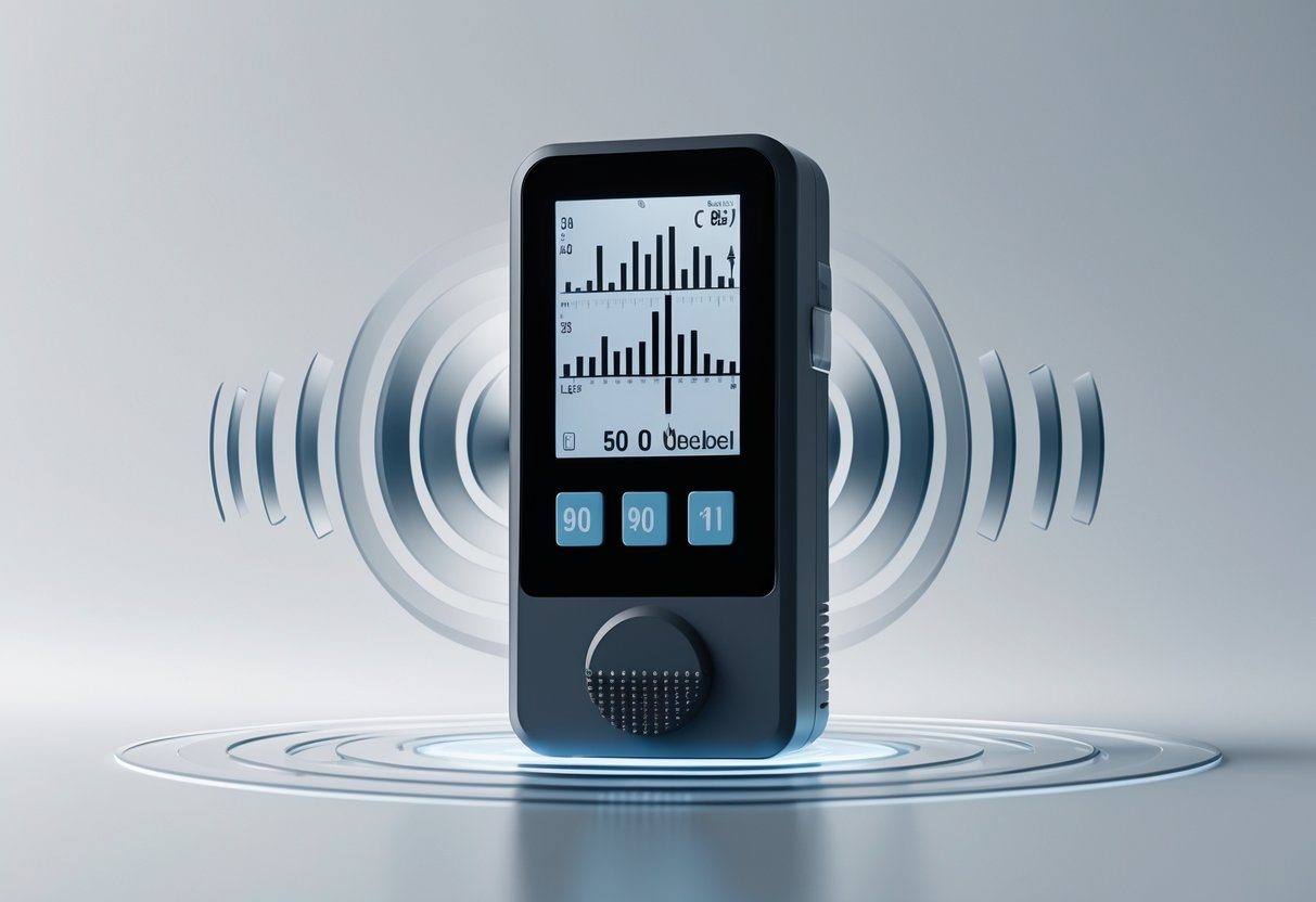 Um medidor de nível sonoro moderno exibindo gráficos de ondas sonoras e leituras numéricas em uma tela digital, sobre um fundo neutro.