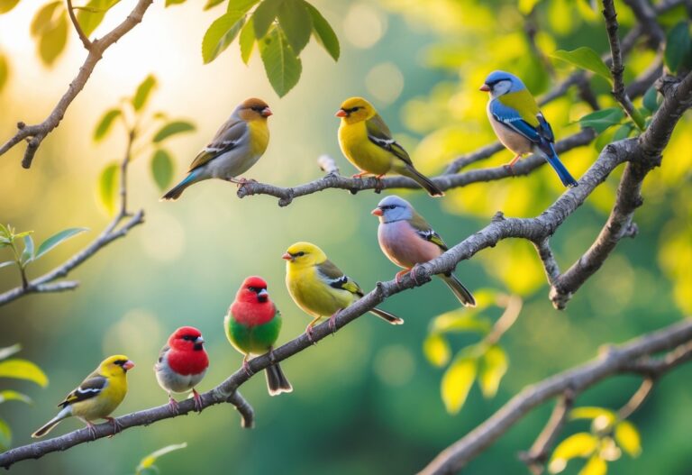 Vários passarinhos coloridos pousados em galhos finos em um ambiente natural com folhagens ao fundo.
