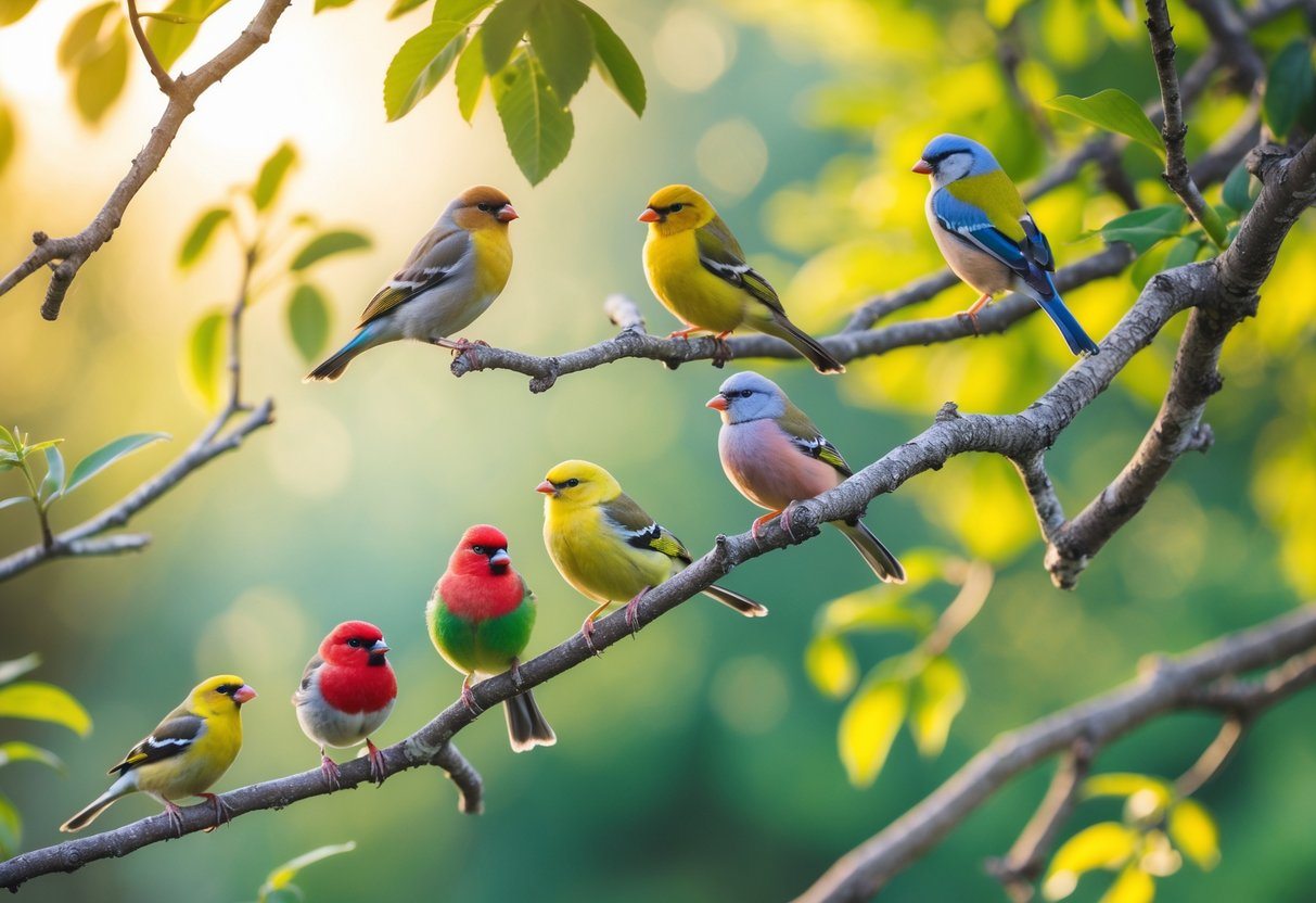 Vários passarinhos coloridos pousados em galhos finos em um ambiente natural com folhagens ao fundo.