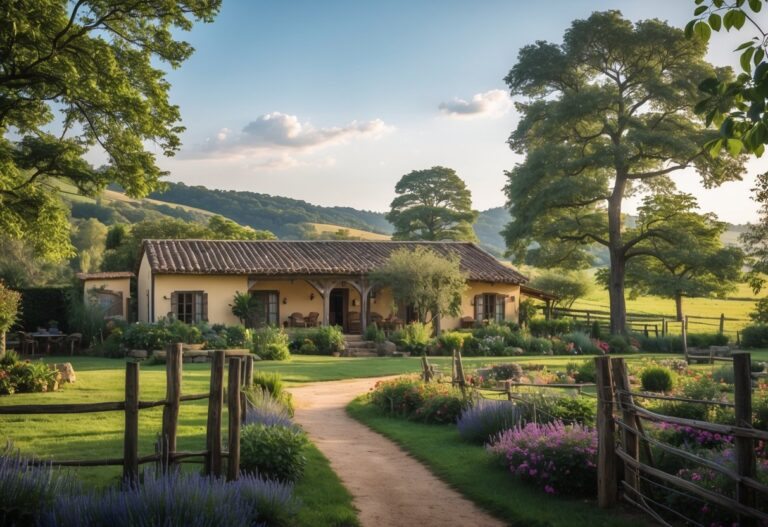 Paisagem rural com uma casa de campo charmosa cercada por plantas e árvores, com um caminho de terra e colinas ao fundo.