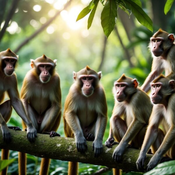 Vários tipos de macacos diferentes em um ambiente de floresta tropical, mostrando diversidade de espécies e comportamentos naturais.