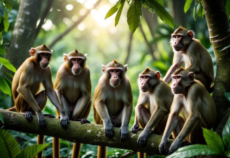 Vários tipos de macacos diferentes em um ambiente de floresta tropical, mostrando diversidade de espécies e comportamentos naturais.