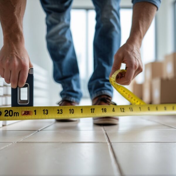 Mão medindo piso de cerâmica com fita métrica ao lado de caixas empilhadas de cerâmica.