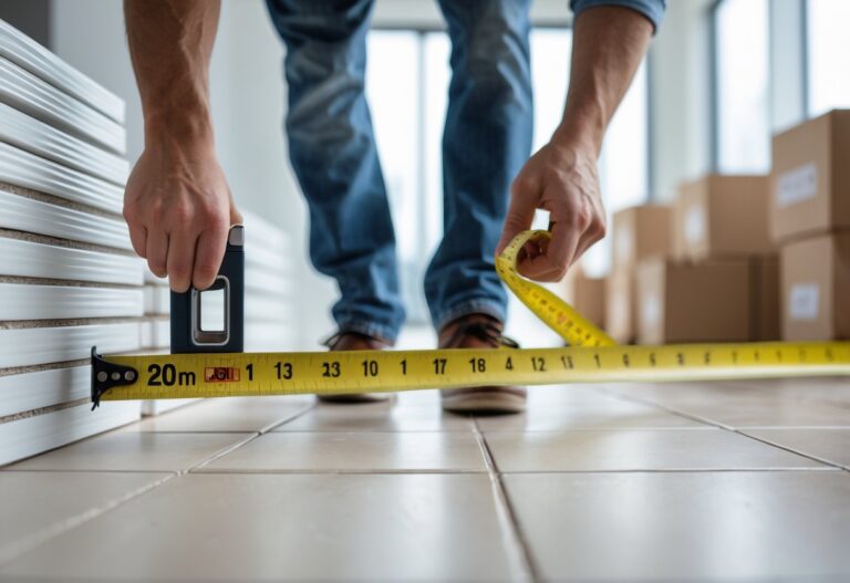 Mão medindo piso de cerâmica com fita métrica ao lado de caixas empilhadas de cerâmica.
