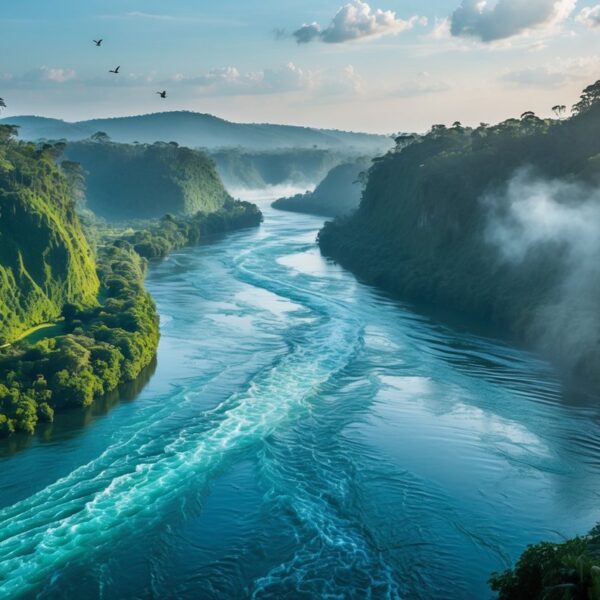Rio Congo profundo cercado por floresta tropical densa e vegetação verde, com água azul e céu claro ao fundo.