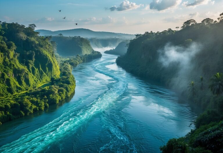 Rio Congo profundo cercado por floresta tropical densa e vegetação verde, com água azul e céu claro ao fundo.