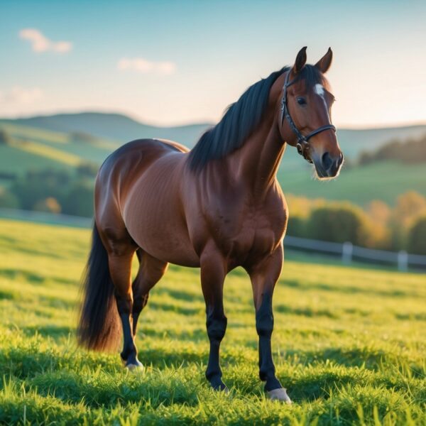 Cavalo majestoso em um pasto verde iluminado pelo sol ao entardecer, com colinas ao fundo.