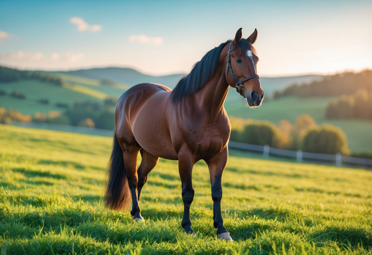 Cavalo majestoso em um pasto verde iluminado pelo sol ao entardecer, com colinas ao fundo.