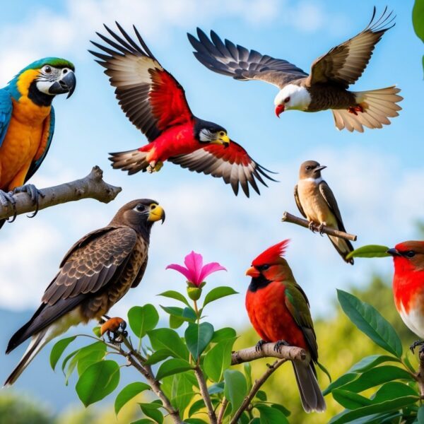 Vários pássaros famosos em um ambiente natural, incluindo arara colorida, falcão peregrino voando, águia-careca, cardeal vermelho e beija-flor próximo a flores.