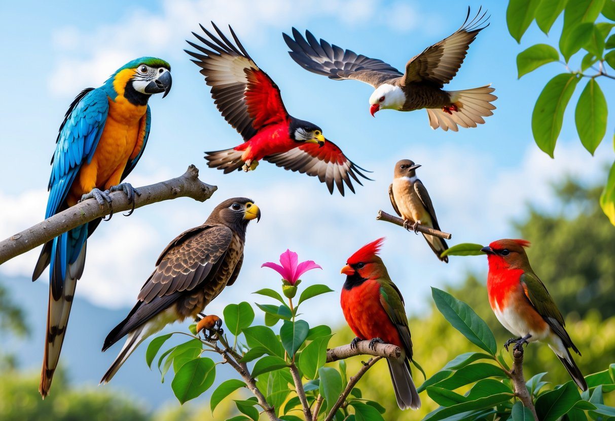 Vários pássaros famosos em um ambiente natural, incluindo arara colorida, falcão peregrino voando, águia-careca, cardeal vermelho e beija-flor próximo a flores.