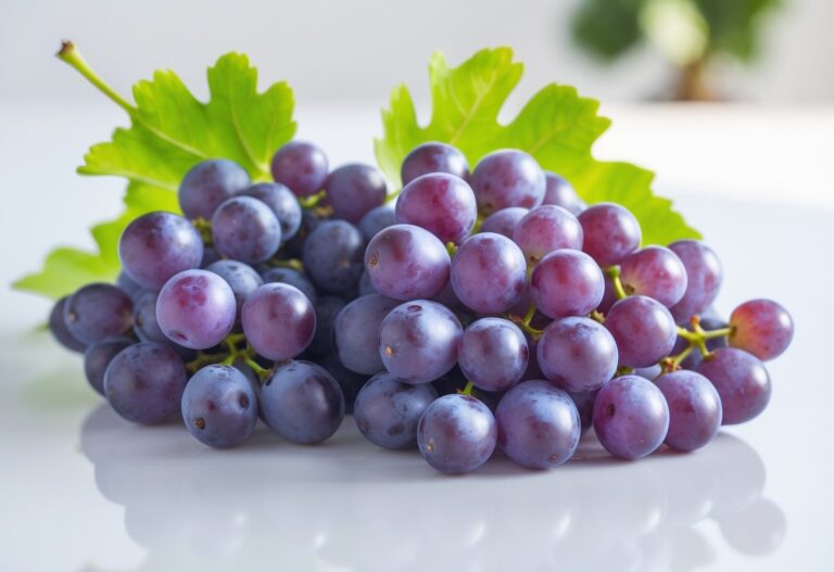 Frutas frescas e vibrantes, um cacho de uvas roxas brilhantes sobre fundo branco.