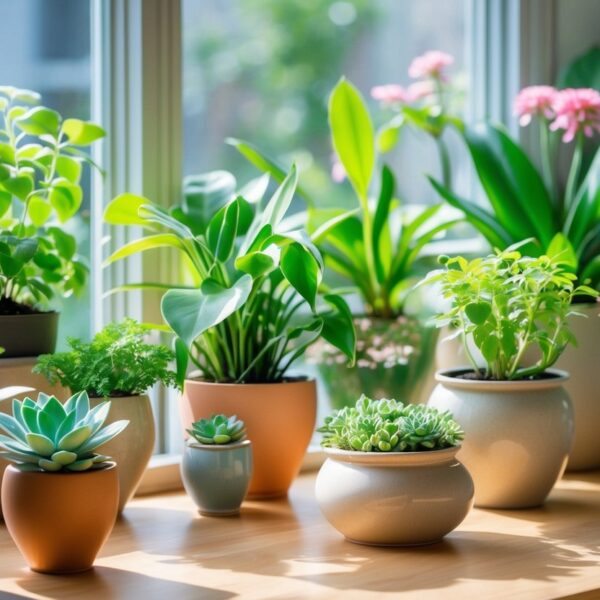 Várias plantas saudáveis e vibrantes em vasos sobre uma mesa de madeira perto de uma janela iluminada pela luz natural.