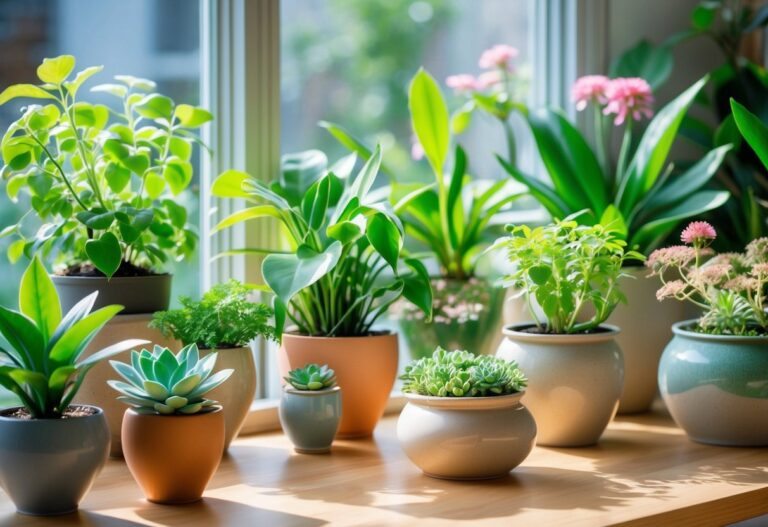 Várias plantas saudáveis e vibrantes em vasos sobre uma mesa de madeira perto de uma janela iluminada pela luz natural.