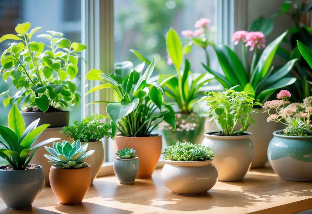 Várias plantas saudáveis e vibrantes em vasos sobre uma mesa de madeira perto de uma janela iluminada pela luz natural.