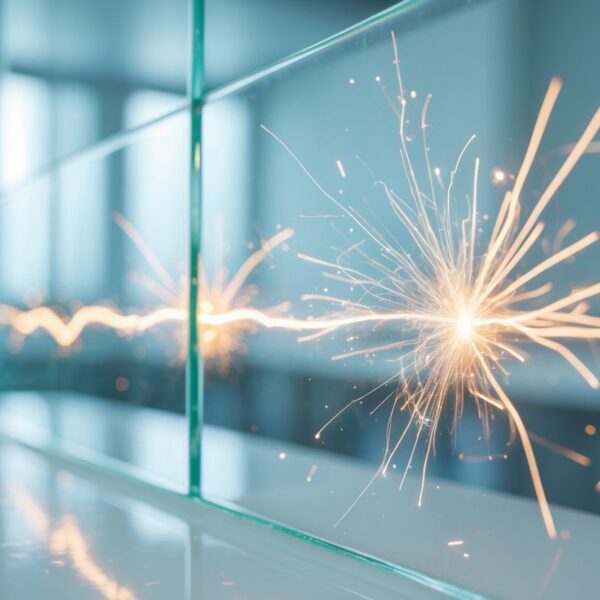 Close-up de um painel de vidro transparente com faíscas elétricas visíveis sobre sua superfície em um ambiente de laboratório.