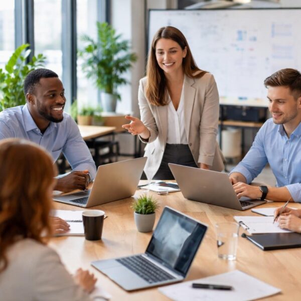 Equipe corporativa diversa reunida em uma sala de reunião moderna, colaborando em volta de uma mesa com laptops e cadernos.