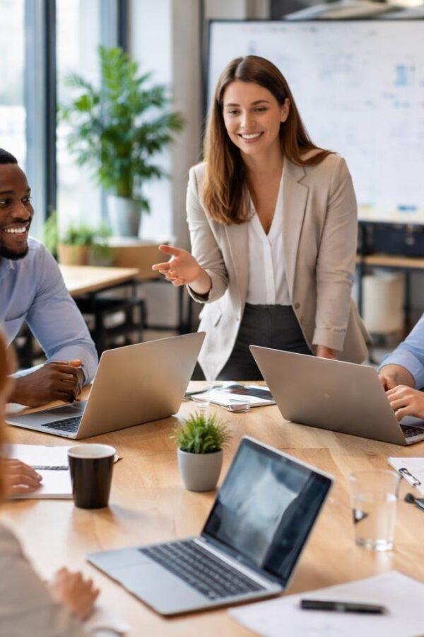 Equipe corporativa diversa reunida em uma sala de reunião moderna, colaborando em volta de uma mesa com laptops e cadernos.
