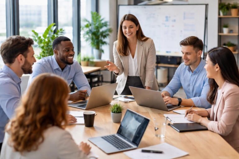 Equipe corporativa diversa reunida em uma sala de reunião moderna, colaborando em volta de uma mesa com laptops e cadernos.