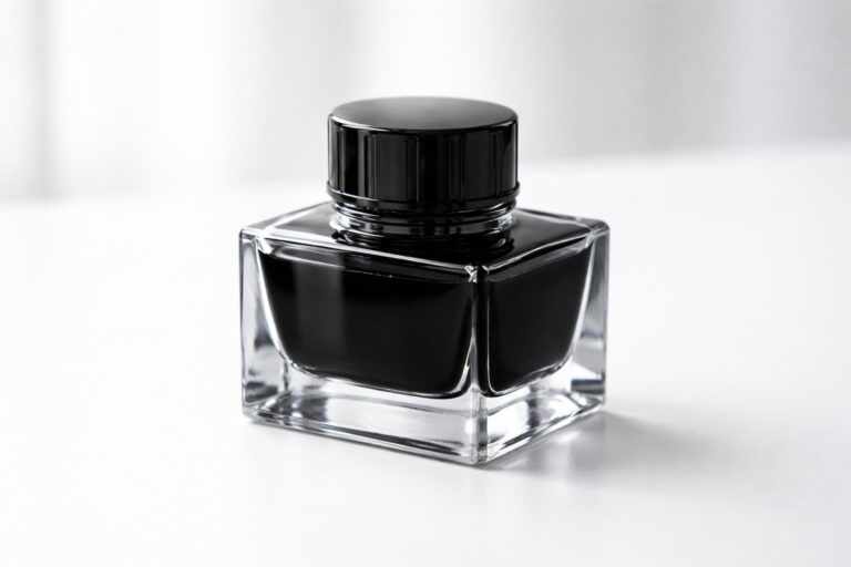 Frasco de tinta de vidro transparente com tampa preta sobre superfície branca.