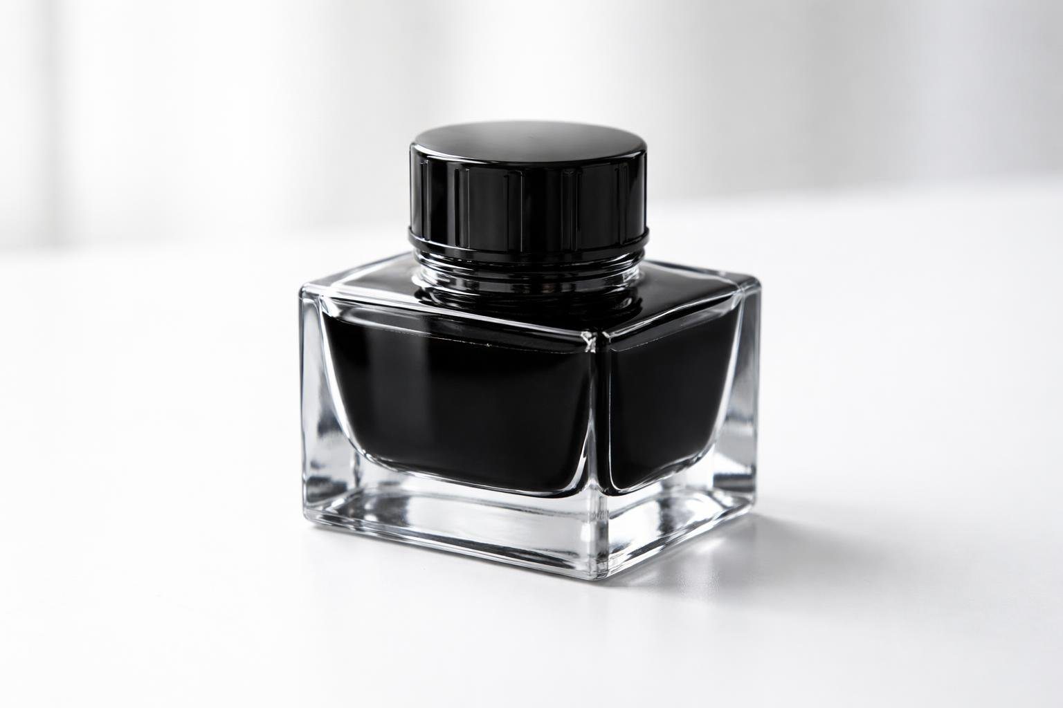 Frasco de tinta de vidro transparente com tampa preta sobre superfície branca.