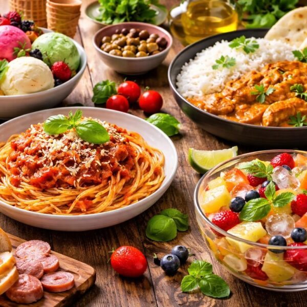 Mesa rústica com diferentes pratos de comida começando com a letra I, incluindo sorvete, macarrão italiano, curry indiano e salada de frutas com gelo.