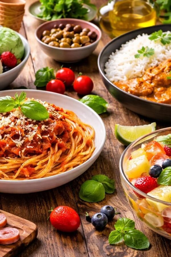 Mesa rústica com diferentes pratos de comida começando com a letra I, incluindo sorvete, macarrão italiano, curry indiano e salada de frutas com gelo.