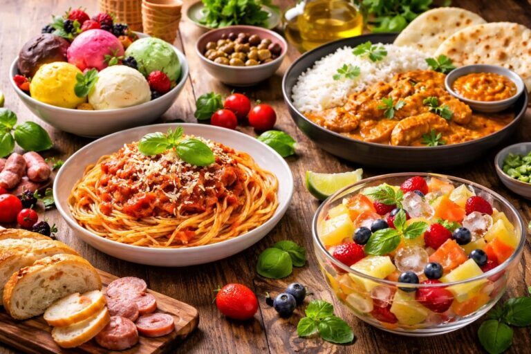 Mesa rústica com diferentes pratos de comida começando com a letra I, incluindo sorvete, macarrão italiano, curry indiano e salada de frutas com gelo.