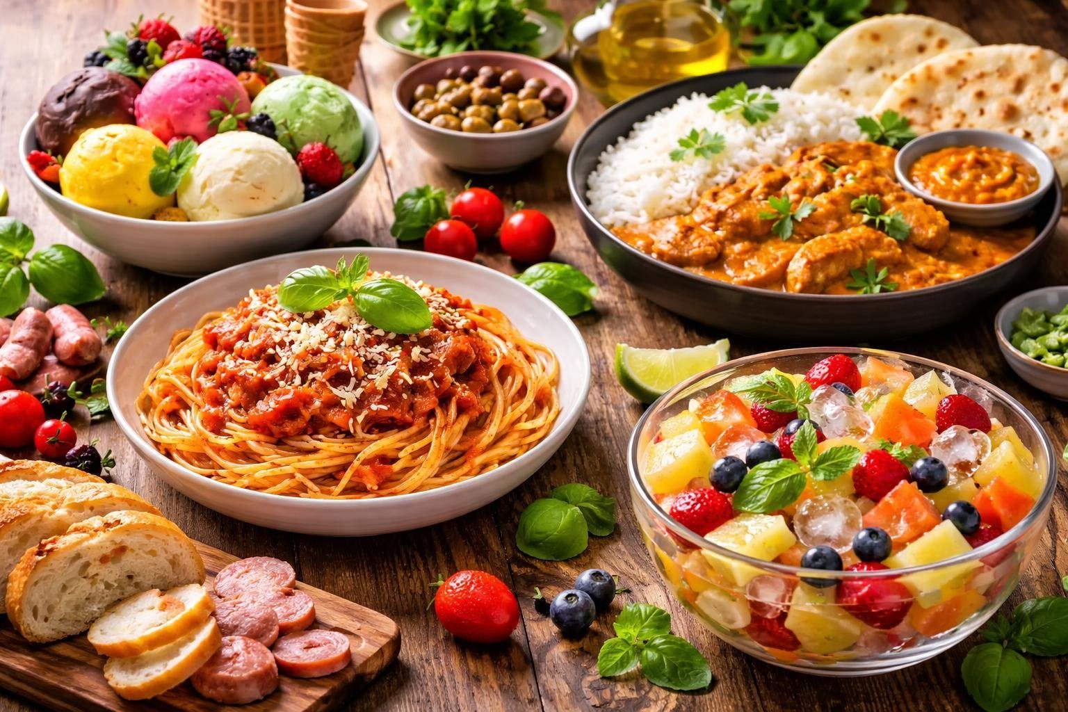 Mesa rústica com diferentes pratos de comida começando com a letra I, incluindo sorvete, macarrão italiano, curry indiano e salada de frutas com gelo.