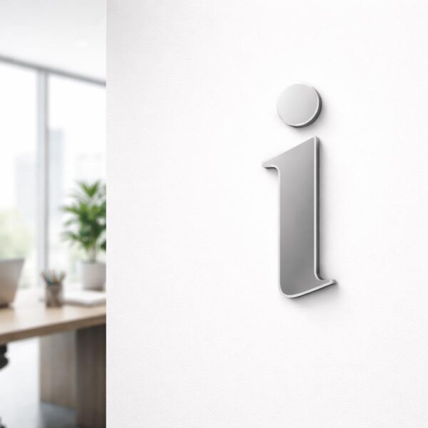 Ambiente de escritório moderno com um logotipo abstrato em forma da letra i na parede, mesa com laptop e planta, iluminado por luz natural.