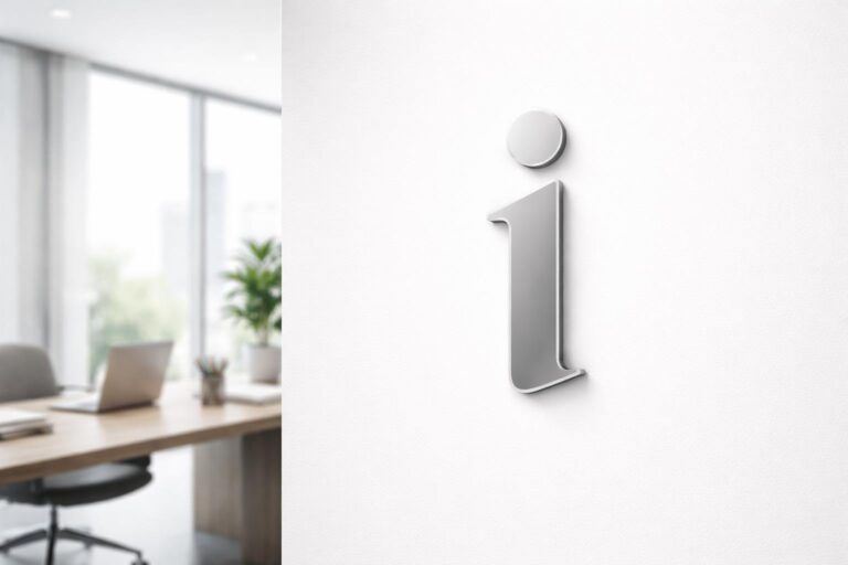 Ambiente de escritório moderno com um logotipo abstrato em forma da letra i na parede, mesa com laptop e planta, iluminado por luz natural.