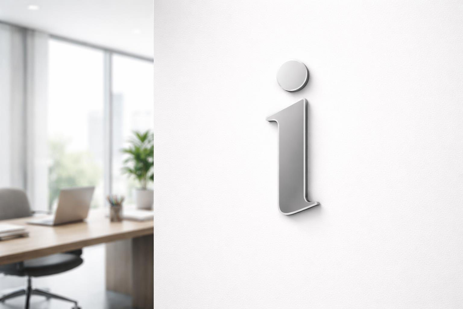 Ambiente de escritório moderno com um logotipo abstrato em forma da letra i na parede, mesa com laptop e planta, iluminado por luz natural.