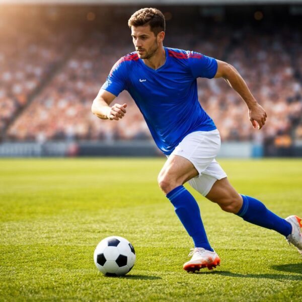 Jogador de futebol masculino correndo com a bola em um campo verde durante o dia.