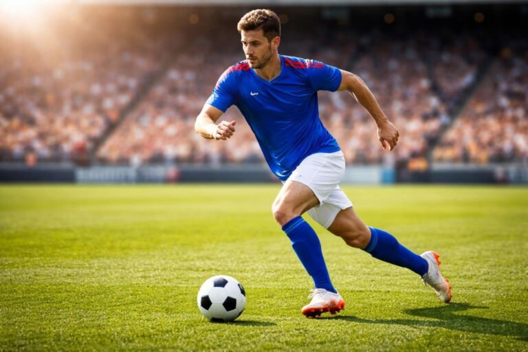 Jogador de futebol masculino correndo com a bola em um campo verde durante o dia.