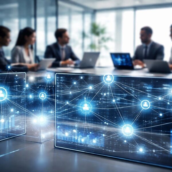 Profissionais em um escritório moderno trabalhando com telas digitais que mostram redes de comunicação interconectadas.
