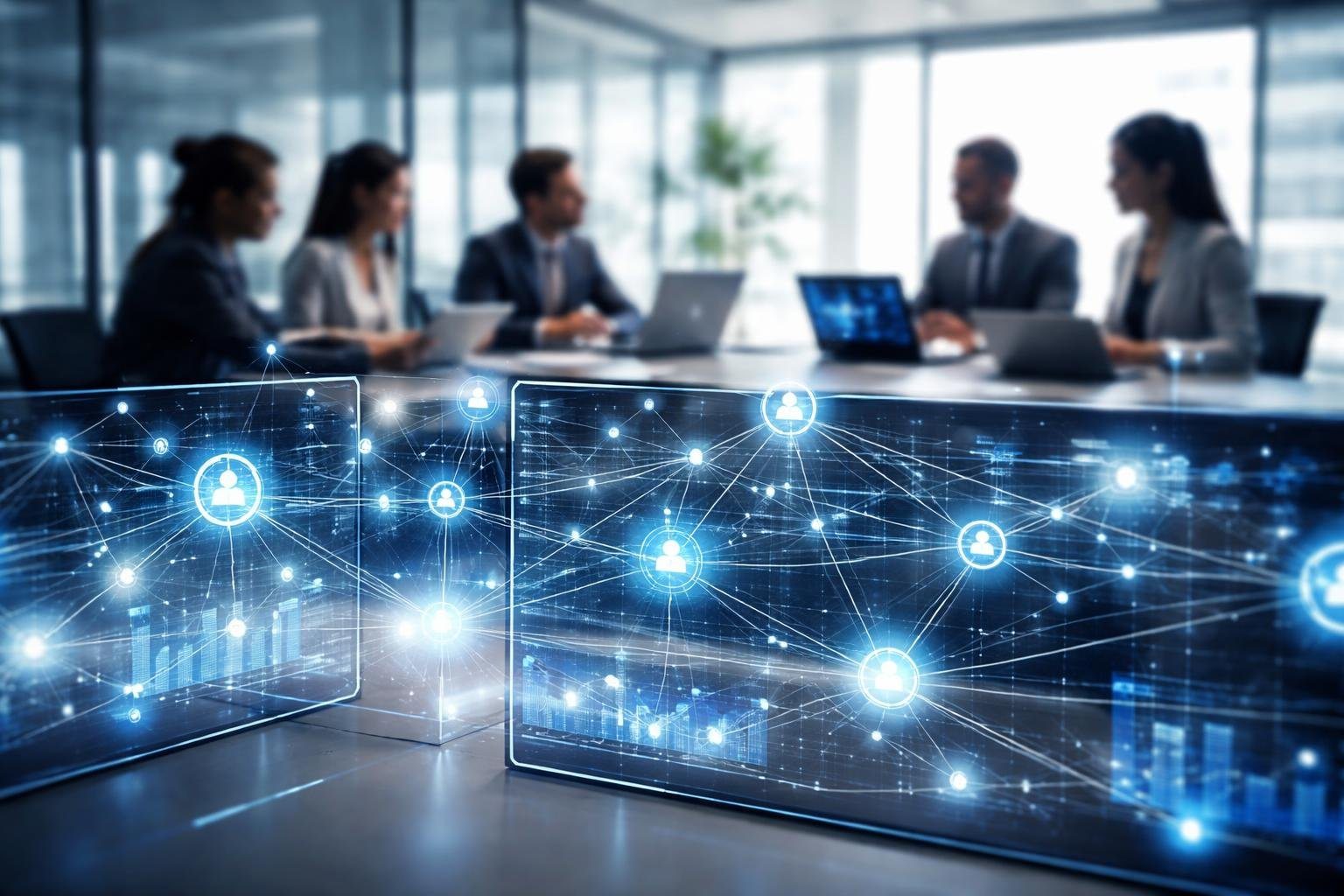 Profissionais em um escritório moderno trabalhando com telas digitais que mostram redes de comunicação interconectadas.