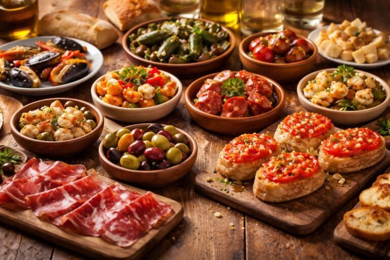 Mesa com diversos pratos pequenos de tapas espanholas, incluindo carnes curadas, azeitonas, queijos, pão fresco e frutos do mar.