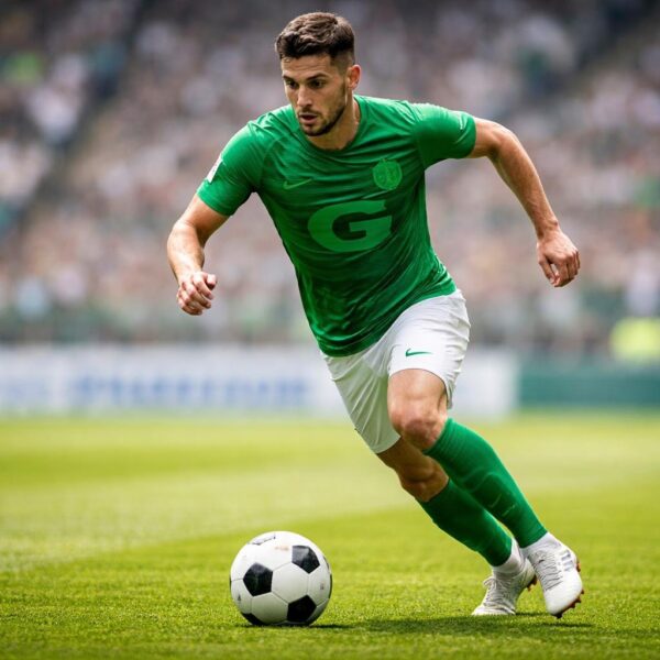 Jogador de futebol masculino em ação, driblando uma bola em um campo verde com uma camisa verde que tem a letra G.