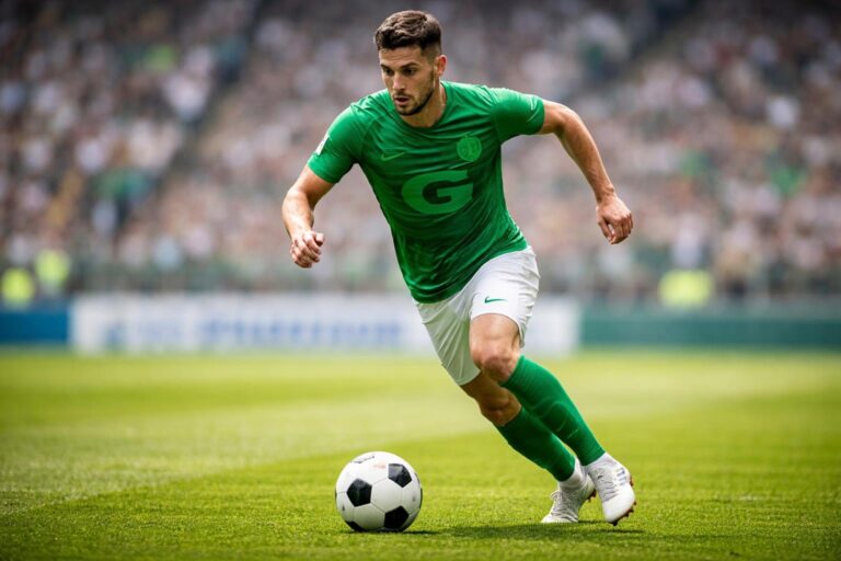 Jogador de futebol masculino em ação, driblando uma bola em um campo verde com uma camisa verde que tem a letra G.