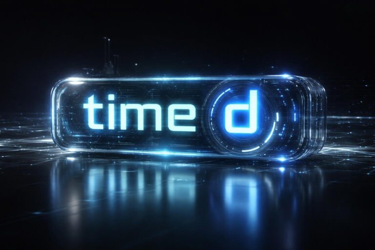Relógio digital futurista flutuando em ambiente escuro com luzes azuis e brancas, mostrando letras iluminadas e partículas digitais ao redor.