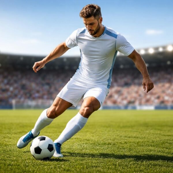 Jogador de futebol masculino controlando a bola em um campo verde durante o dia.