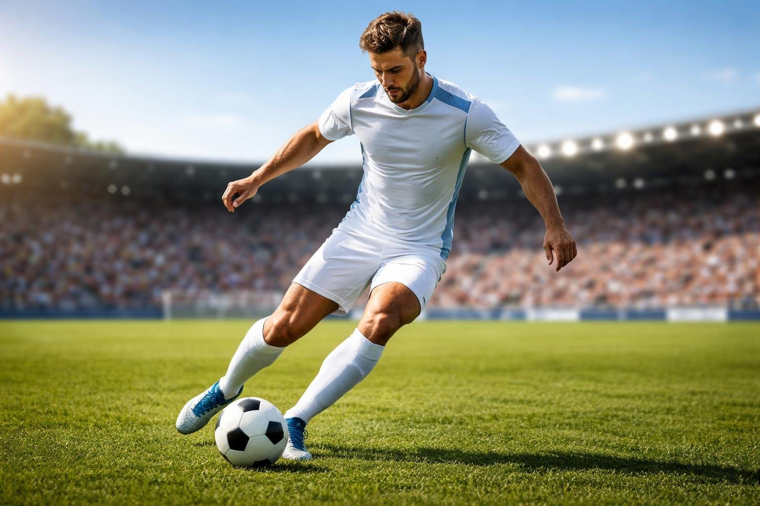 Jogador de futebol masculino controlando a bola em um campo verde durante o dia.