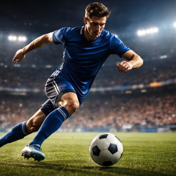 Jogador de futebol correndo em campo durante uma partida, com expressão focada e uniforme azul.