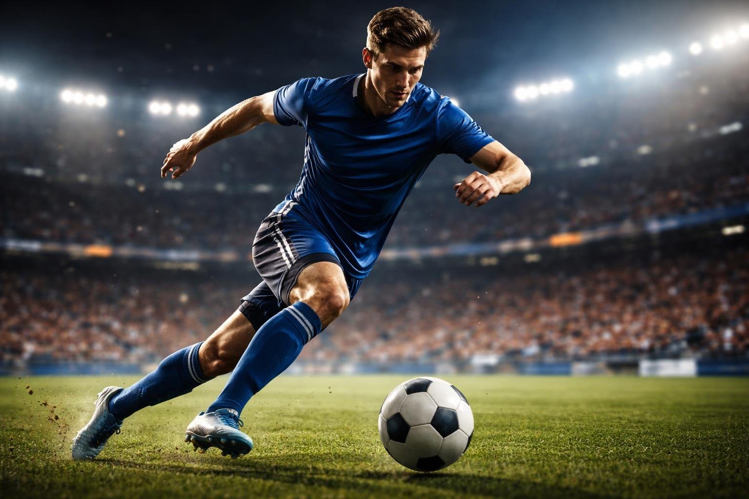 Jogador de futebol correndo em campo durante uma partida, com expressão focada e uniforme azul.